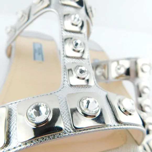 PRADA Crystal Embellished Silver Saffiano T-Strap Block Heel Slide Sandals 37.5 - Picture 5 of 10